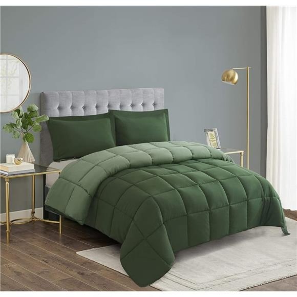 3pc Green DownAlternative ComforterSet Queen Size-All Season ReversibleComforter - Picture 2 of 6